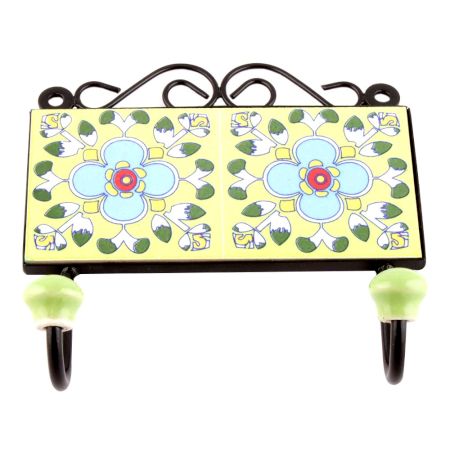 Yellow Turquoise Ceramic Floral Tiles Hooks